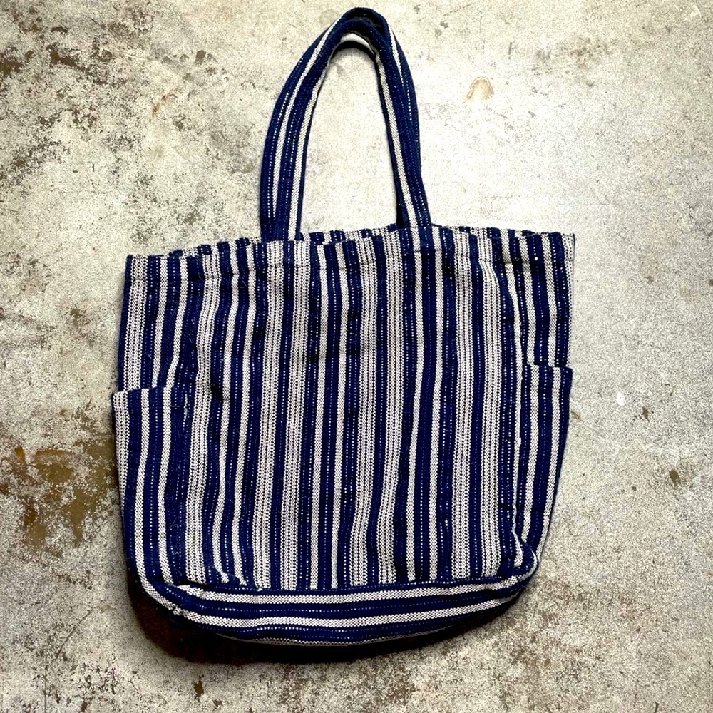 World Market Blue & Silver Stripe Boho Cotton Tote pockets Bag Academia Beach